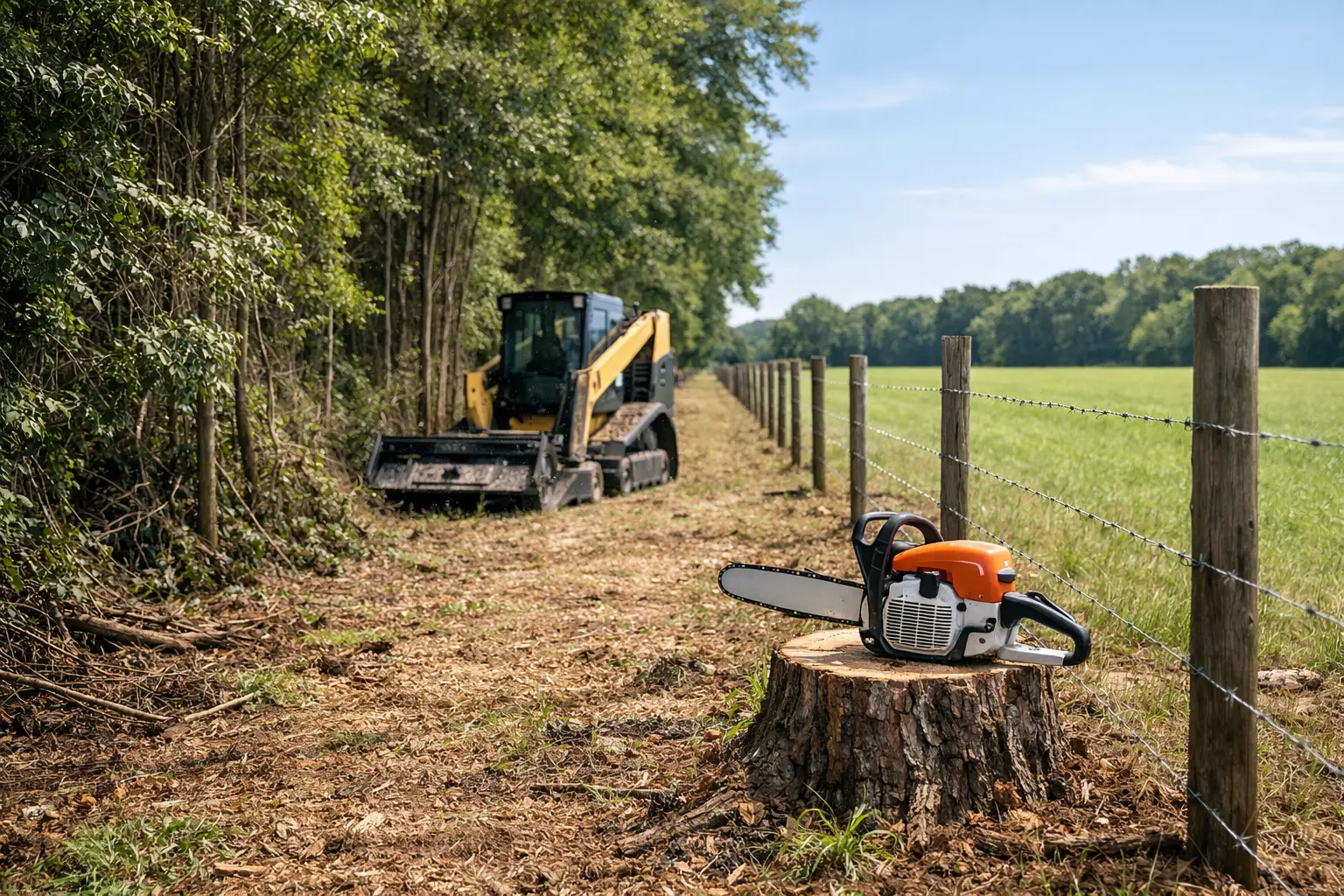 Tracked forestry mulcher working a long fence line on the wooded edge of a hay field; a chainsaw rests on a fresh stump in the foreground.