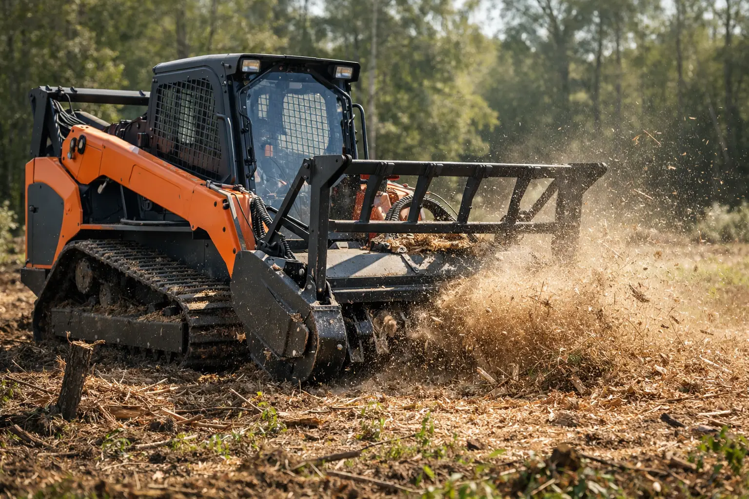Compact track loader with a forestry mulching head running at full RPM, throwing a curtain of fresh wood chips across cleared ground.