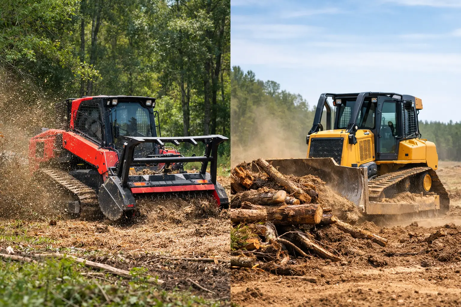 Side-by-side: a tracked forestry mulcher chewing brush into chips on the left; a bulldozer pushing logs and dirt into a pile on the right.