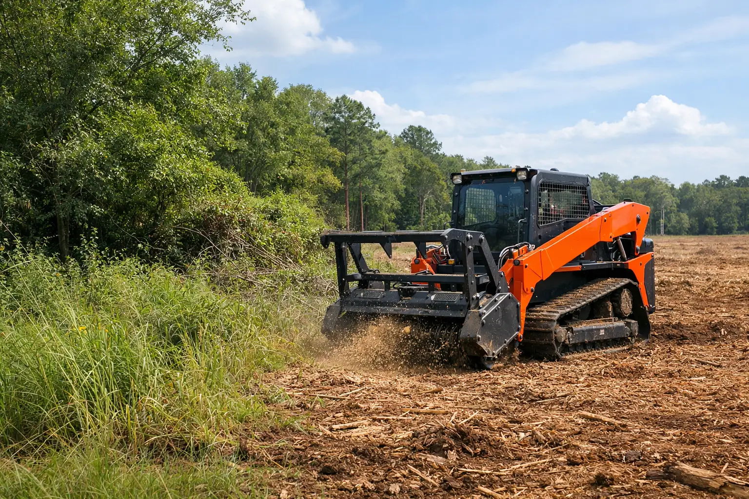 Forestry mulcher working the edge of an overgrown field; a wall of tall brush and small trees on the left, freshly mulched ground covered in chips on the right.