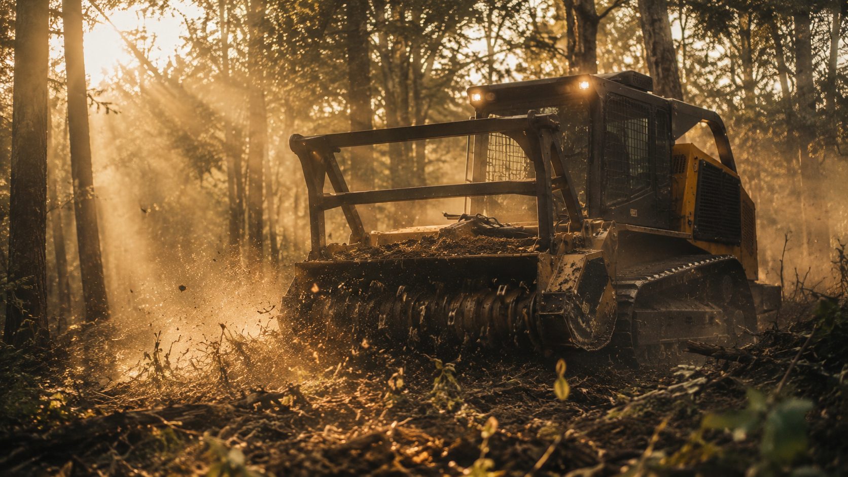 Forestry mulcher clearing brush in golden-hour forest